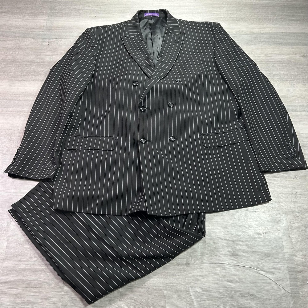 Vinci Suit Mens 50R Jacket 42x32 Pants Black Pinstripe Double Breasted 2 Piece